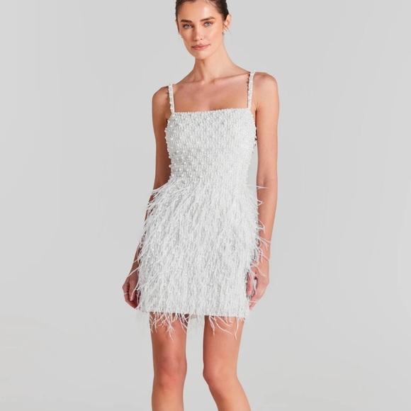 NADINE MERABI Ivory Feathered Mini Dress